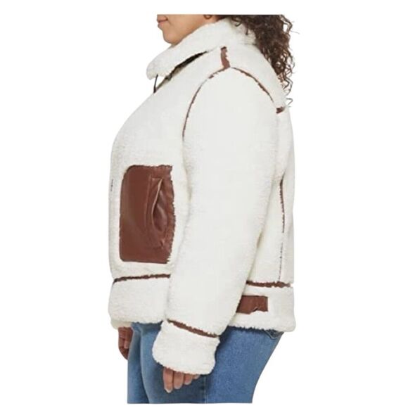 Levis Jacket WMNS 2X Cream Faux Sherpa Full Zip Brown Teddy Moto High Neck Cozy - Picture 10 of 15